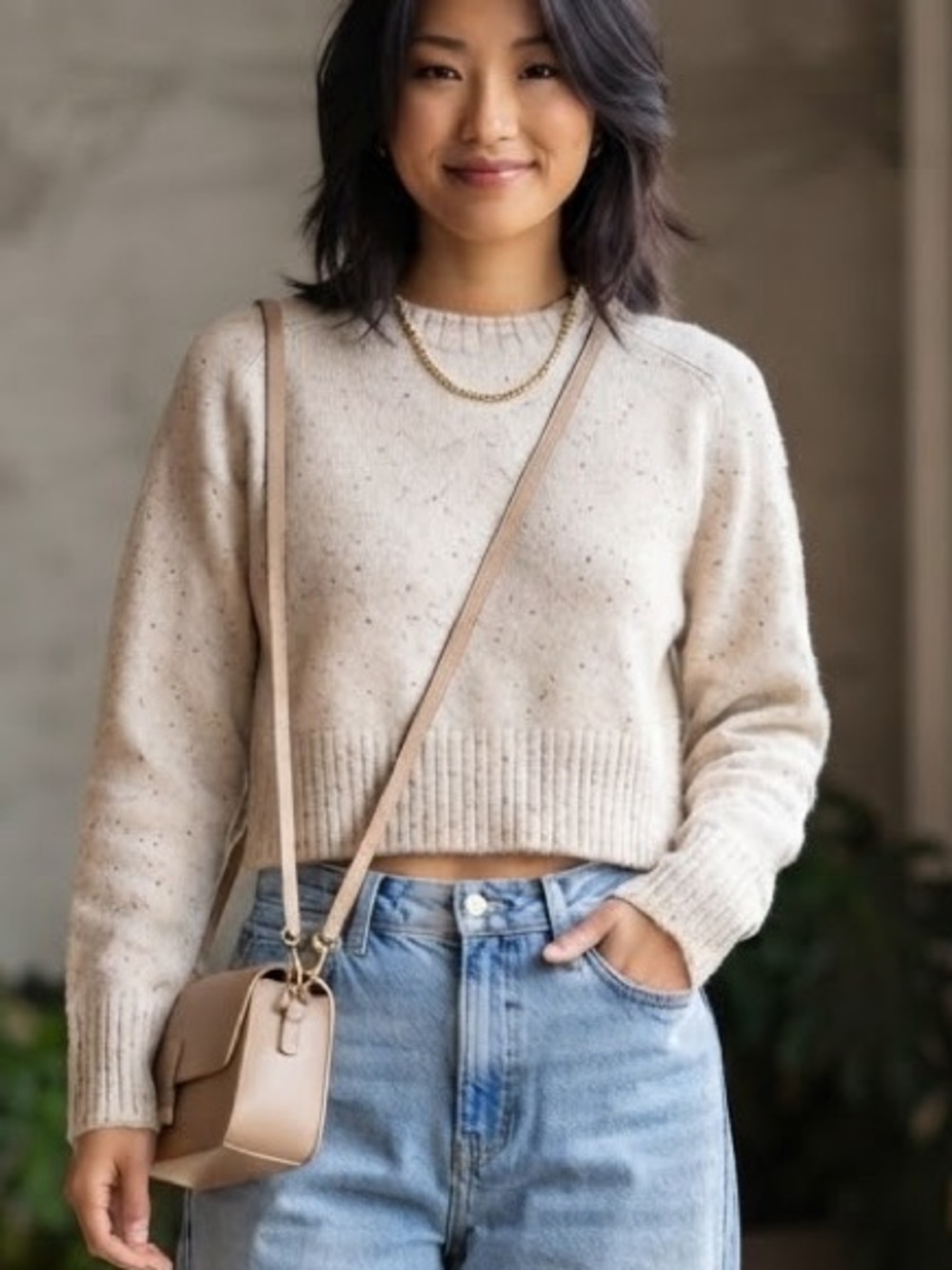 Universal Thread Boho Chic Soft Speckled Cream Cropped Crewneck Sweater